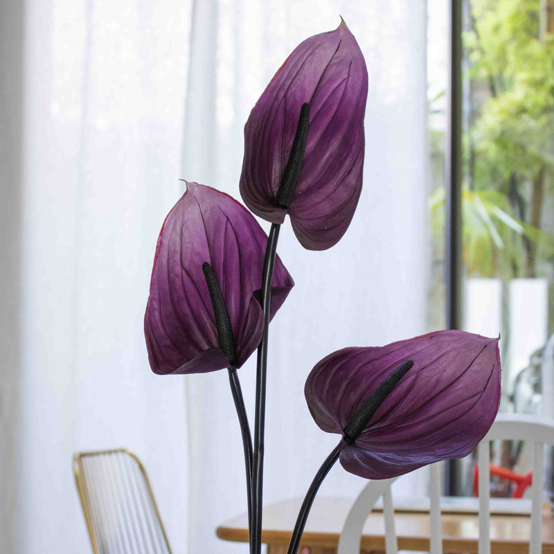 Anthurium violet artificiel à la tige x3, fausse fleur exotique, déco florale intérieure