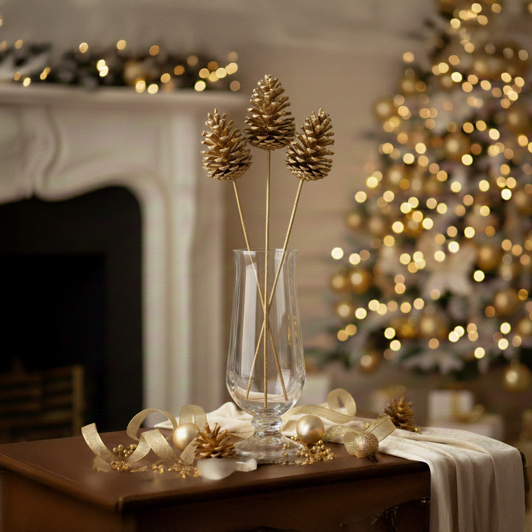 Cono de pino - tallo dorado